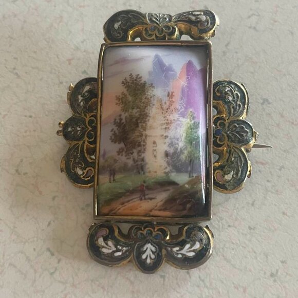 Victorian Hand Painted French Champleve Impressionist Porcelain Brooch c.1880 - Picture 2 of 12